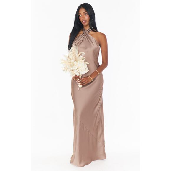 Show Me Your Mumu Jasmine Halter Maxi Dress in Dune Luxe Satin M - Picture 3 of 7